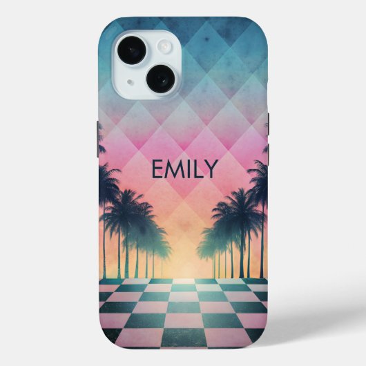 Custom Name Retro Synthwave Sunset Palm Trees Case-Mate iPhone Case (Achterkant)