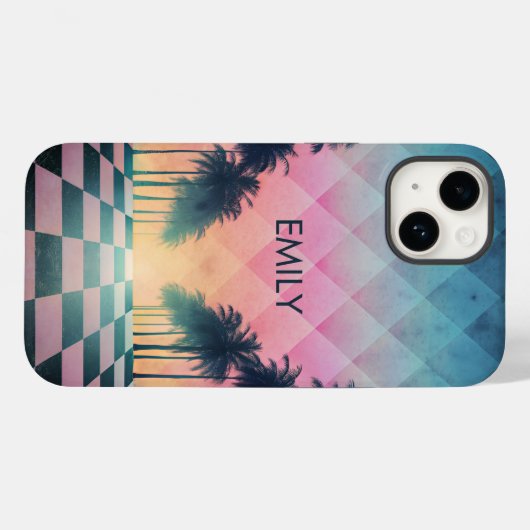 Custom Name Retro Synthwave Sunset Palm Trees Case-Mate iPhone Case (Achterkant (horizontaal))