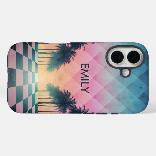Custom Name Retro Synthwave Sunset Palm Trees Case-Mate iPhone Case (Achterkant (horizontaal))