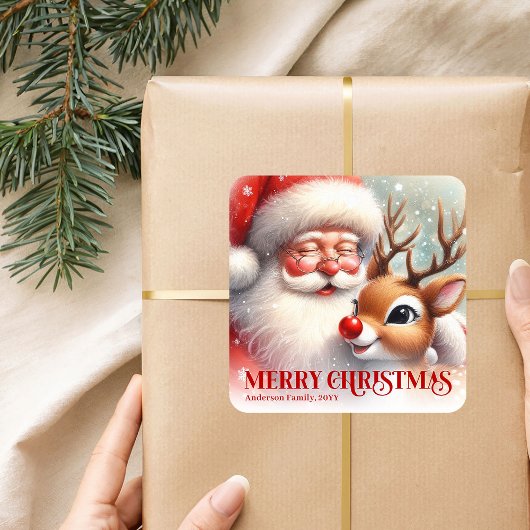 Custom Name Santa Rudolph Adorable Christmas Kids Vierkante Sticker