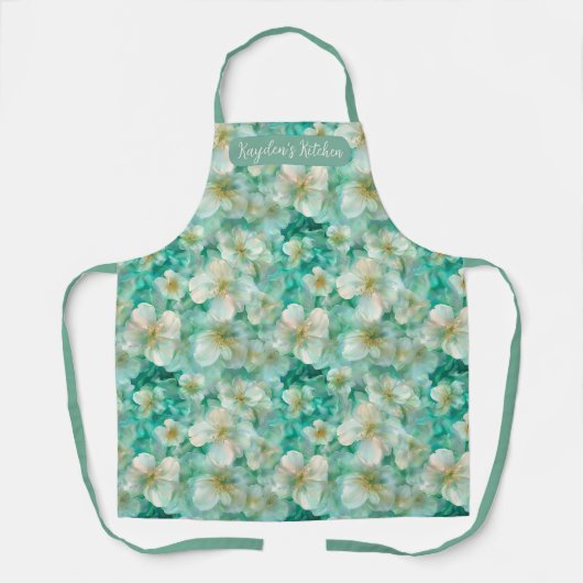 Custom Name Script Kitchen Floral Green Coffee Schort (Voorkant)