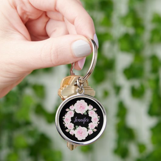 Custom Name, Soft Pink Roses Wreath Metal Keychain (Hand)
