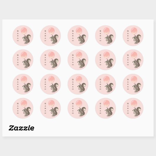 Custom Name Squirrel with Pink Balloon Ronde Sticker (Vel)