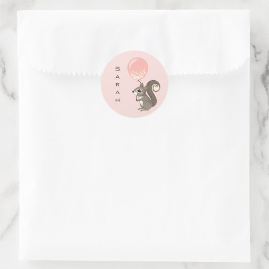 Custom Name Squirrel with Pink Balloon Ronde Sticker (Tas)