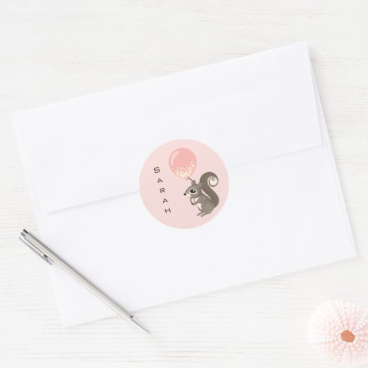Custom Name Squirrel with Pink Balloon Ronde Sticker (Envelop)