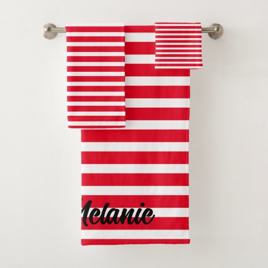 Custom Name Stripes Pattern Red White Christmas Bad Handdoek (Insitu)