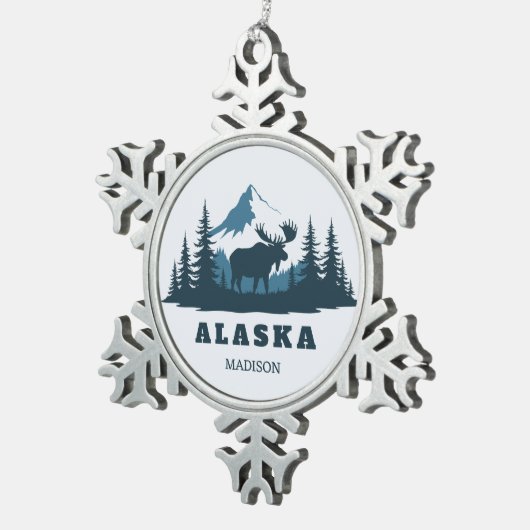 Custom Name & Text ALASKA Tin Sneeuwvlok Ornament (Rechts)