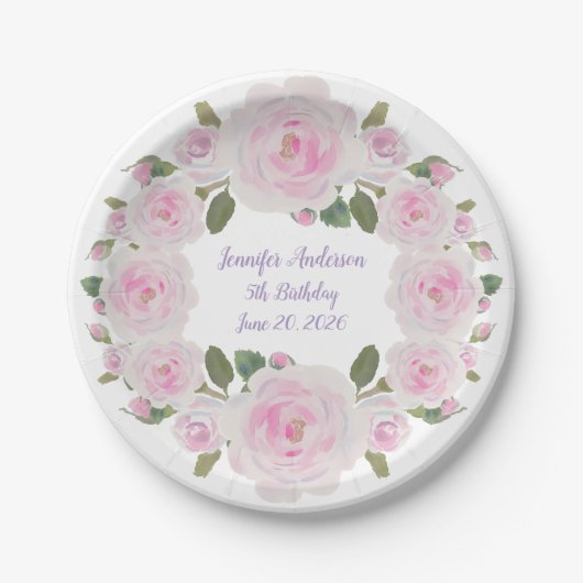 Custom Name, Text, Pink Roses Paper Plate Party Papieren Bordje (Voorkant)
