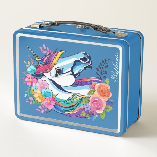 Custom Name Unicorn Lunchbox - Floral Metal (Achterkant)