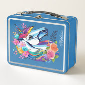 Custom Name Unicorn Lunchbox - Floral Metal (Voorkant)