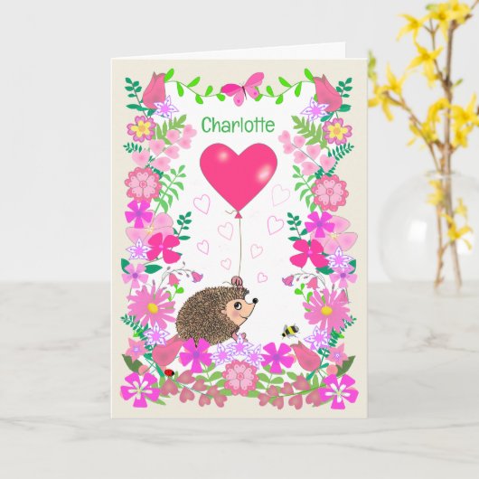Custom Name Valentine with a Cute Hedgehog Kaart (Gele Bloem)