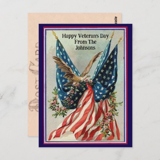 Custom Name Vintage Veteran's Day Patriotic Flag Briefkaart (Voorkant / Achterkant)