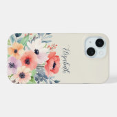 Custom Name Watercolor Floral Anemone iPhone 15 Case (Achterkant horizontaal)