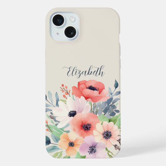 Custom Name Watercolor Floral Anemone iPhone Hoesje (Achterkant)