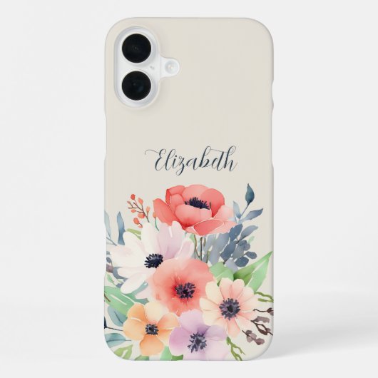 Custom Name Watercolor Floral Anemone iPhone Hoesje (Achterkant)