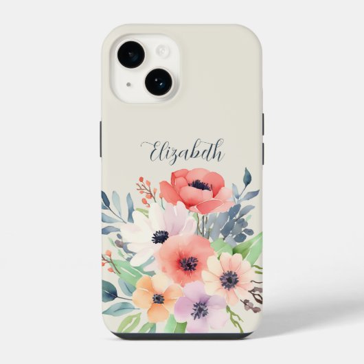 Custom Name Watercolor Floral Anemone iPhone Hoesje (Achterkant)