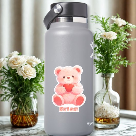 Custom Name Watercolor Pink Teddy Bear Heart Sticker
