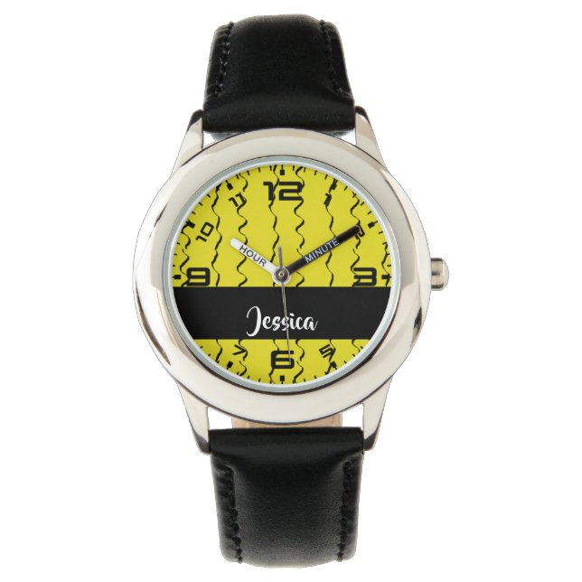 Custom name wavy lines on yellow horloge (Voorkant)