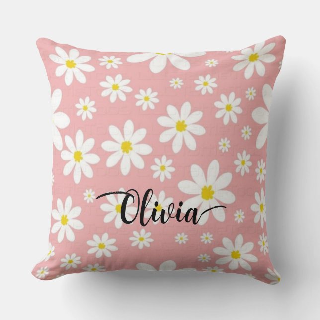 Custom Name White Floral Background Throw Pillow Kussen (Voorkant)