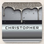 Custom Name With Dripping Liquid Metal Bier Onderzetter<br><div class="desc">Polished chrome nameplate reading NAME with dripping liquid metal and strong reflective highlights. Embossed 3D typography on a sleek dark background evokes luxury,  modern branding,  industrial design and custom identity.</div>