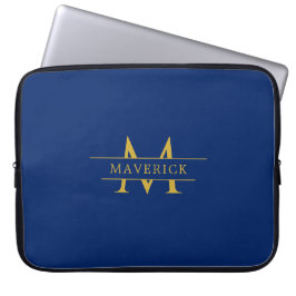 Custom Name With Monogram Stylish Navy Laptop Sleeve