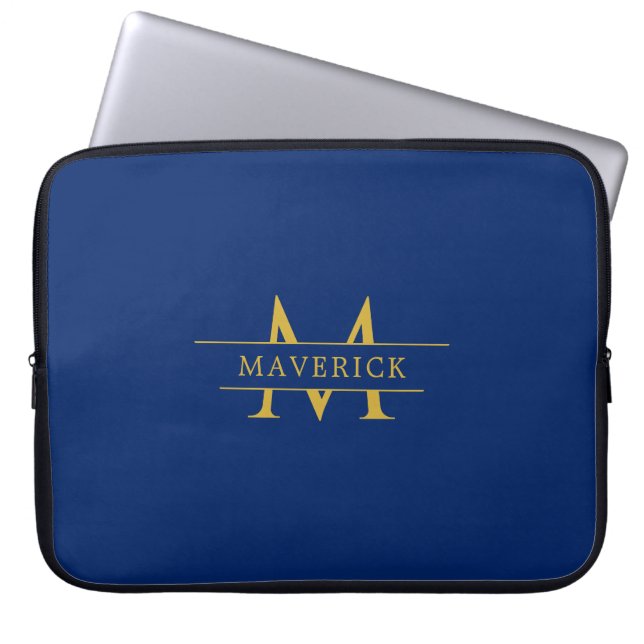 Custom Name With Monogram Stylish Navy Laptop Sleeve (Voorkant)