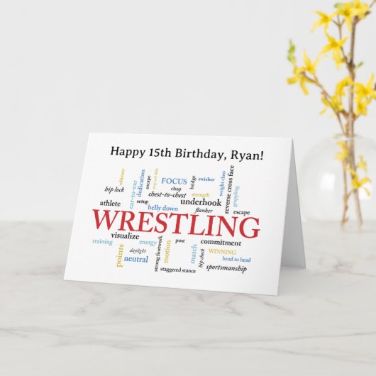 Custom Name Wrestling Birthday Word Cloud Kaart (Gele Bloem)