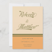 CUSTOM NAMES Green 70s Stripes Retro Wedding Save The Date (Voorkant)