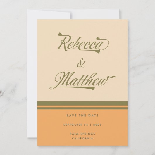 CUSTOM NAMES Green 70s Stripes Retro Wedding Save The Date (Voorkant)