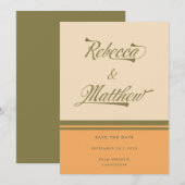 CUSTOM NAMES Green 70s Stripes Retro Wedding Save The Date (Voorkant / Achterkant)