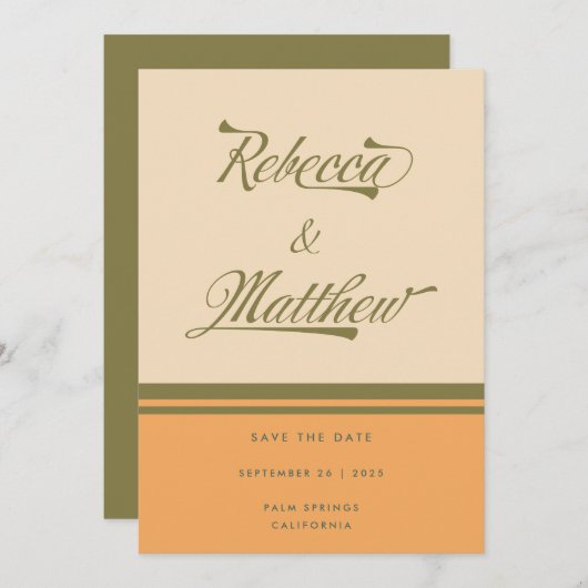 CUSTOM NAMES Green 70s Stripes Retro Wedding Save The Date (Voorkant / Achterkant)