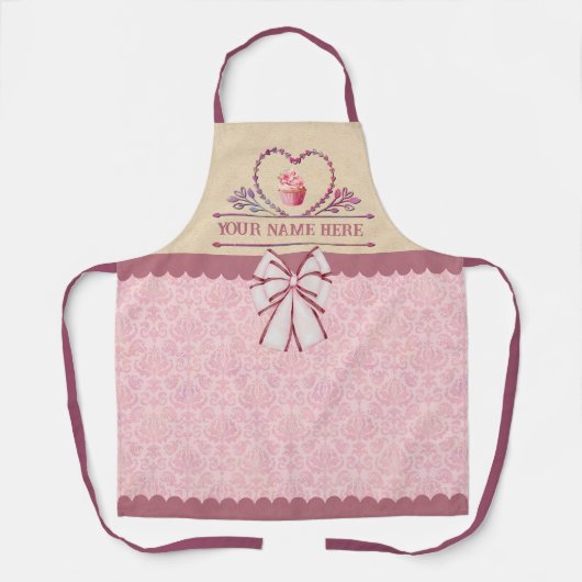 Custom Name's Keuken Roze Cupcake en Elegant Bow Schort (Voorkant)