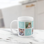 Custom Nana Grandmoeder 5 Photo Collage Koffiemok<br><div class="desc">Creëer een zoete keepslag voor oma met dit eenvoudige ontwerp dat vijf van uw favoriete Instagram foto's bevat, die in een collage lay-out zijn gerangschikt met afwisselende vierkantjes in pastelmint green, waarbij "Nana" wordt gespeld met een hart op het laatste plein. Geef haar favoriete foto's van haar kleinkinderen een persoonlijk...</div>