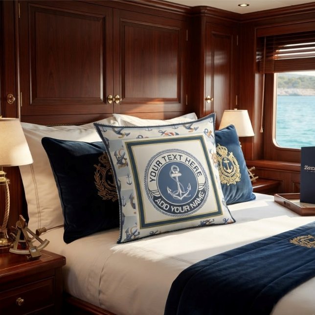 Custom Nautical Anchor Emblem Navy Blue & Gold Kussen (Creator heeft geüpload)