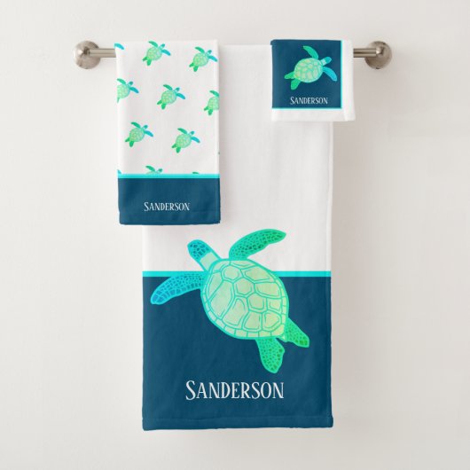 Custom Nautical Coastal Sea Turtle Aqua Teal Blue Bad Handdoek (Insitu)