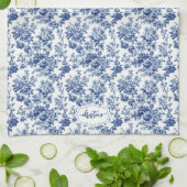 Custom Navy Blauw en Wit Toile  Bloemen Theedoek (Gevouwen)