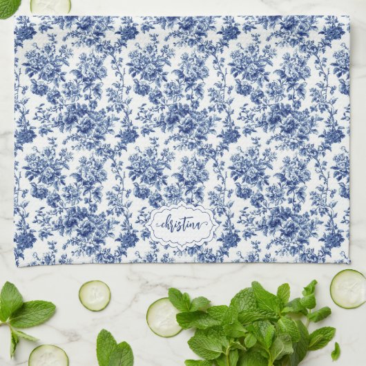 Custom Navy Blauw en Wit Toile  Bloemen Theedoek (Gevouwen)