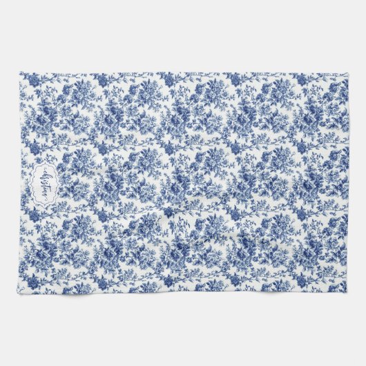 Custom Navy Blauw en Wit Toile  Bloemen Theedoek (Horizontaal)