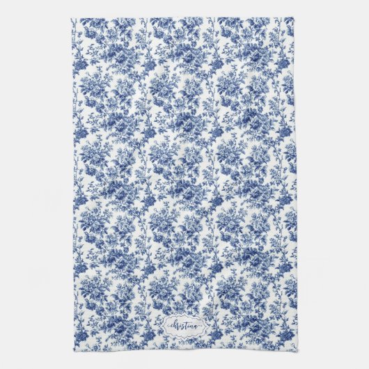 Custom Navy Blauw en Wit Toile  Bloemen Theedoek (Verticaal)