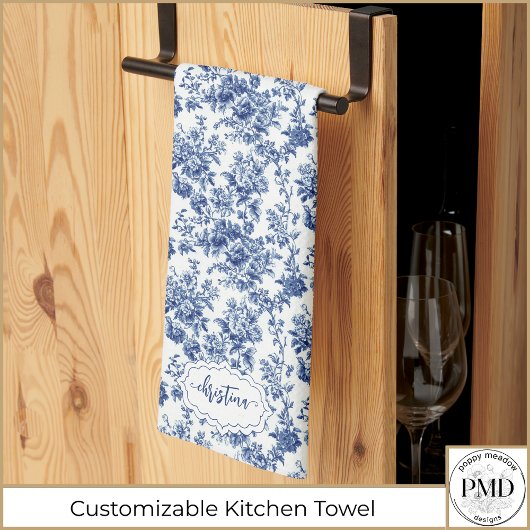 Custom Navy Blauw en Wit Toile  Bloemen Theedoek