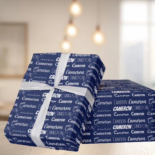 Custom Navy Blue Boys Naam Collage Verjaardag Cadeaupapier