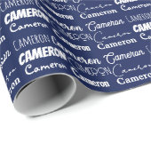 Custom Navy Blue Boys Naam Collage Verjaardag Cadeaupapier (Rol Hoek)