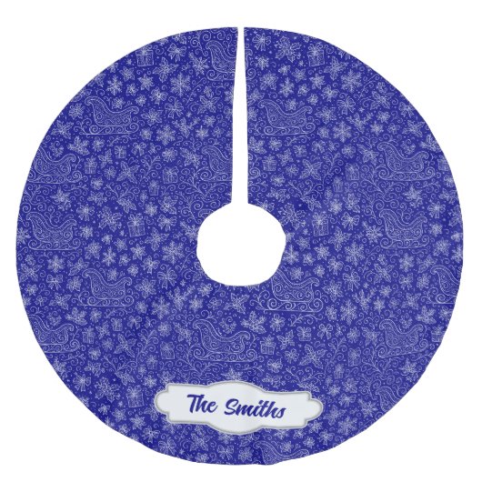 Custom Navy Blue Doodle Christmas Sleigh Pattern Kerstboom Rok (Voorkant)