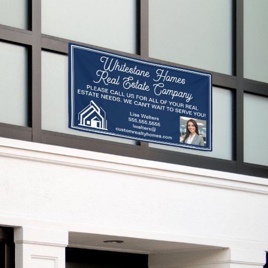 Custom Navy Blue Real Estate Company Marketing Spandoek (Buitenkant Gebouw)