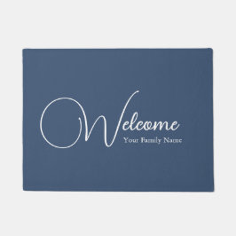 Custom Navy Blue Welcome Elegant Calligraphy Deurmat