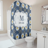 Custom Navy Daisy Gingham Monogram Decor Douchegordijn (In situ)