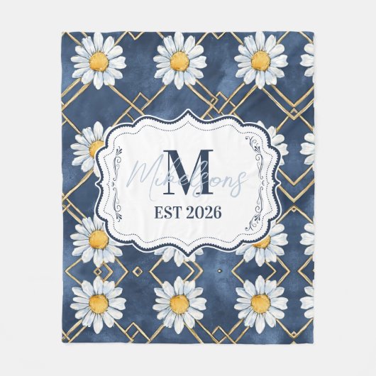 Custom Navy Daisy Gingham Monogram Decor Fleece Deken (Voorkant)