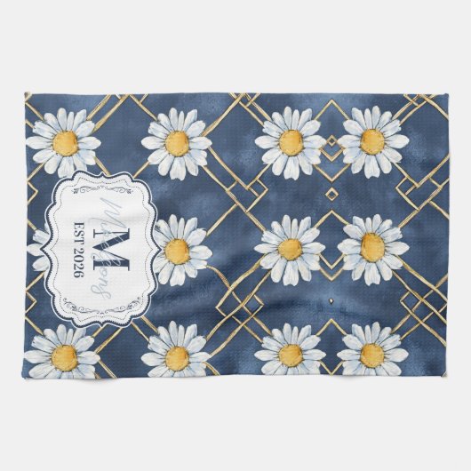 Custom Navy Daisy Gingham Monogram Decor Theedoek (Horizontaal)