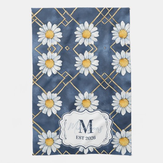 Custom Navy Daisy Gingham Monogram Decor Theedoek (Verticaal)