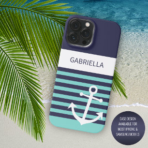 Custom Navy Donkerblauw Wit Aqua Turquoise Stripes iPhone 15 Pro Max Case